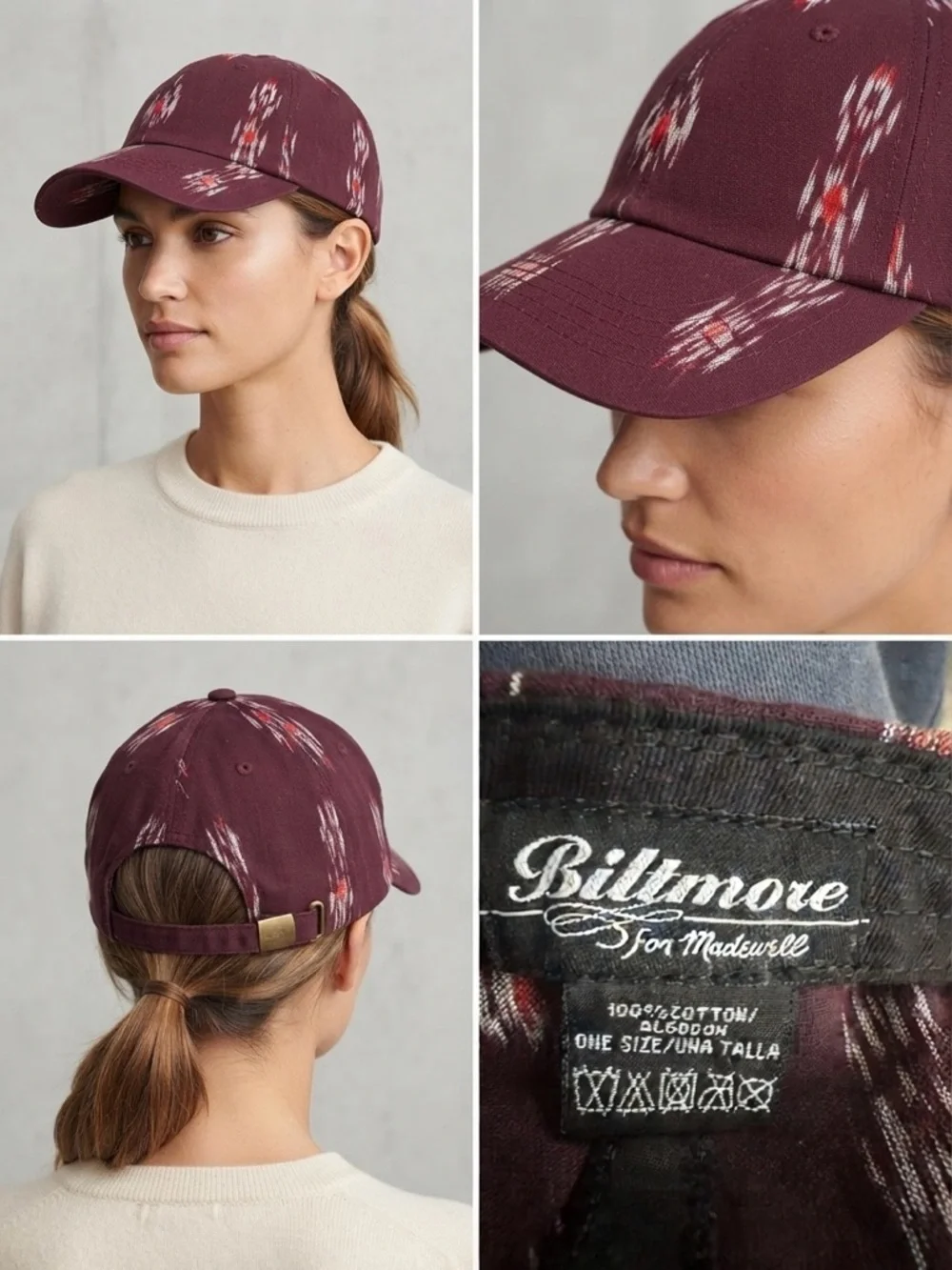 Biltmore for Madewell Maroon Ikat Pattern Baseball Cap Hat  100% Cotton